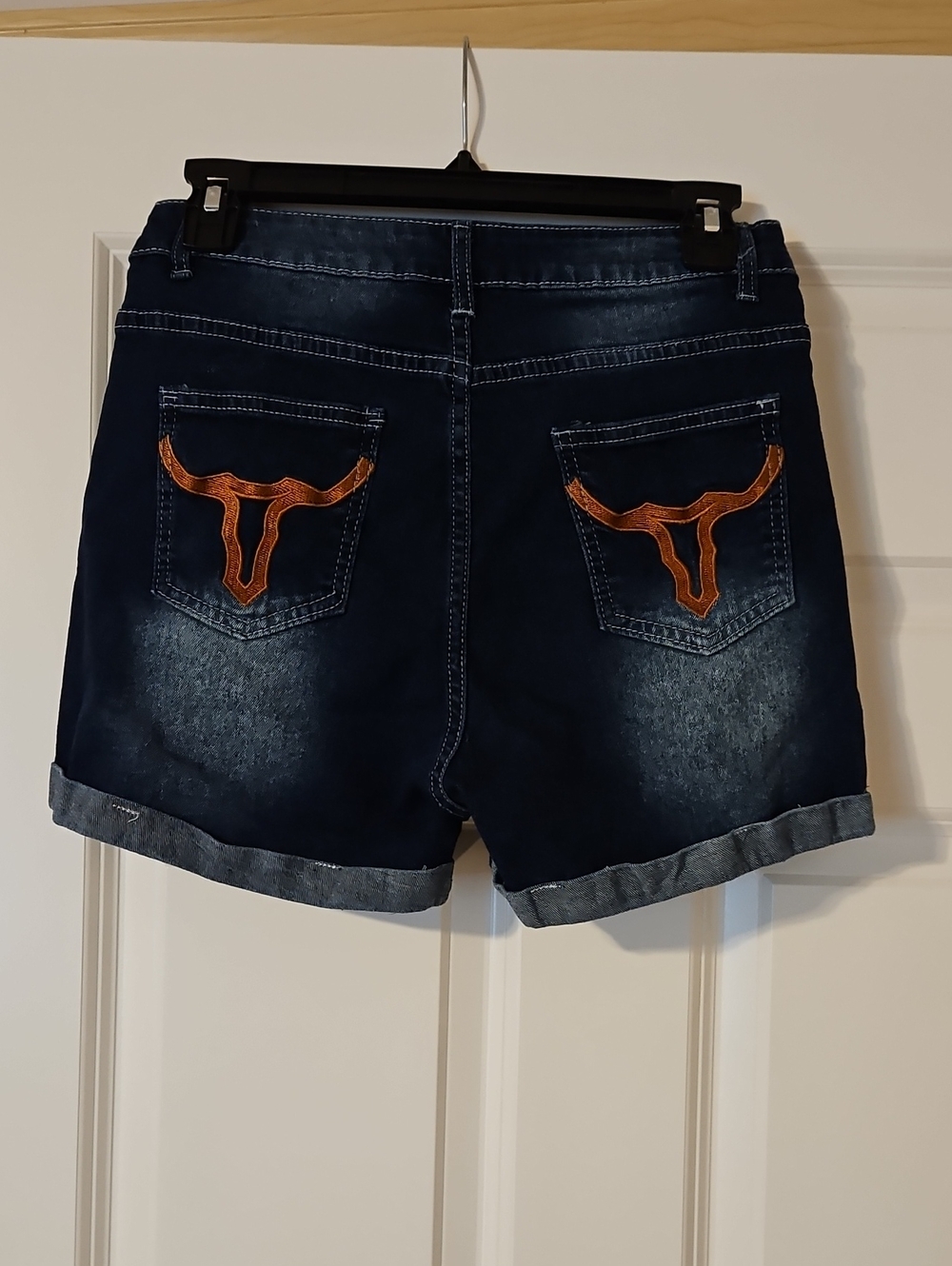 Dark Blue Denim Jean Shorts with Orange Pocket Embroidery